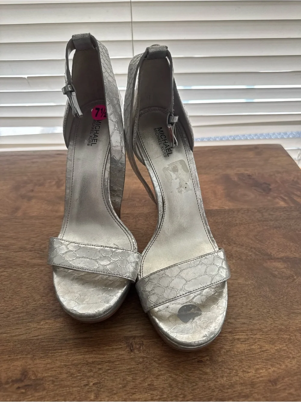 Michael Kors Silver Snakeskin-Pattern Ankle-Strap Stilettos